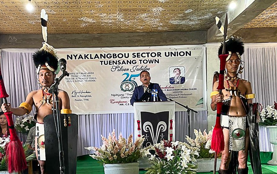 Minister P Bashang Change speaking at the silver jubilee celebration of Nyaklangbou Sector Union in Tuensang town held on May 8. (Morung Photo)